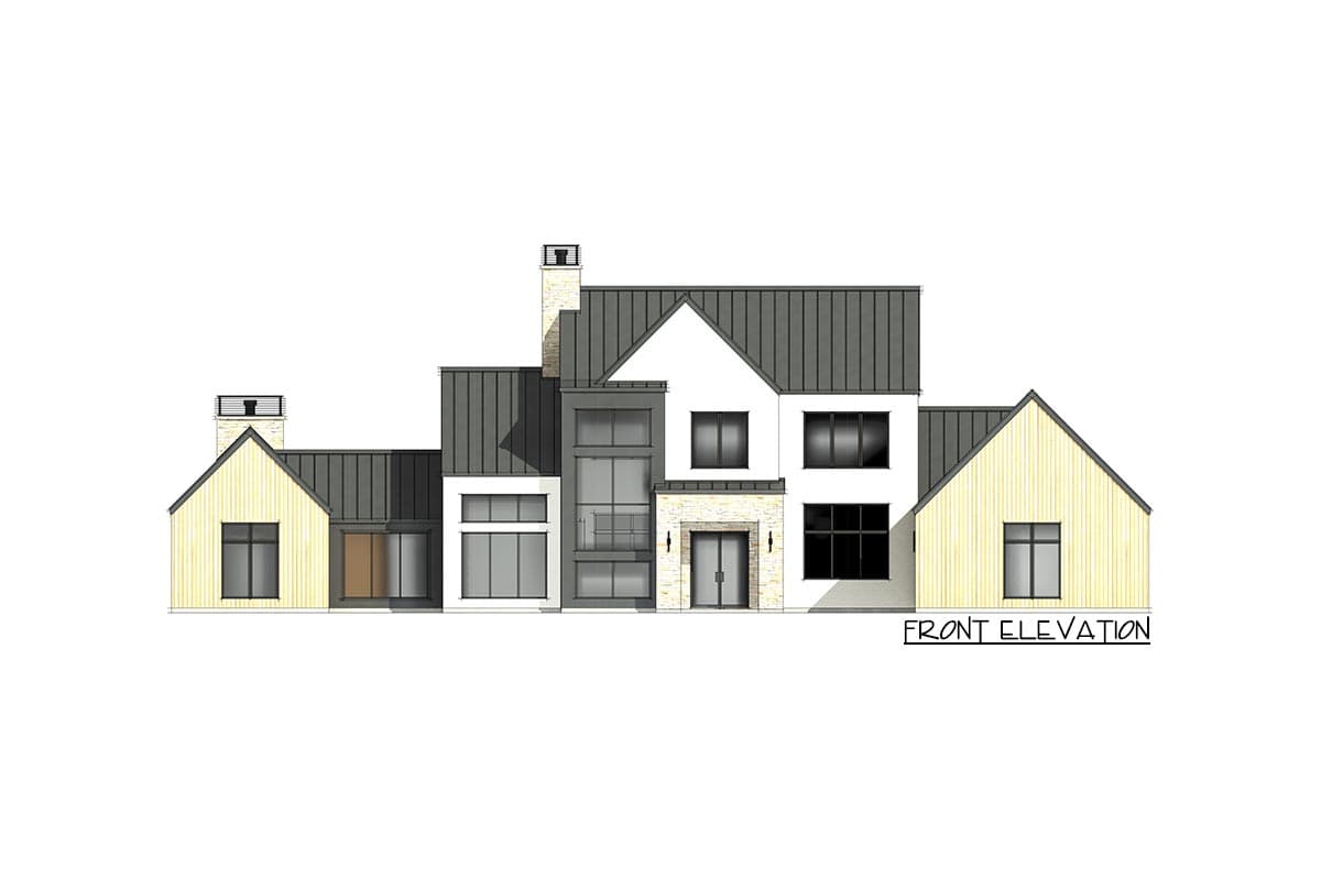 Front elevation drawing of a two-story modern house with metal roof, gables, stone accents, and large windows.