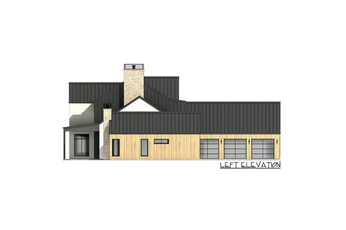 Left elevation of a house plan with a metal roof, stone chimney, wood siding, and three garage doors.