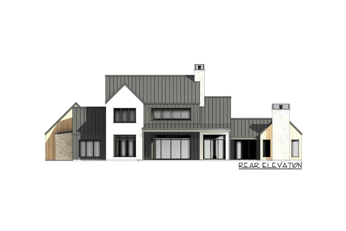 Rear elevation of a modern house plan with metal roof, gables, stone and wood siding, and multiple chimneys.