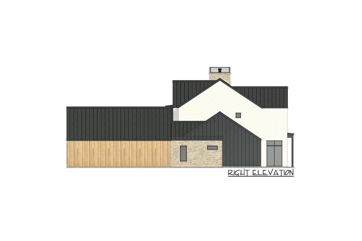 Right elevation of a house plan showing mixed materials, gabled rooflines, and a chimney.