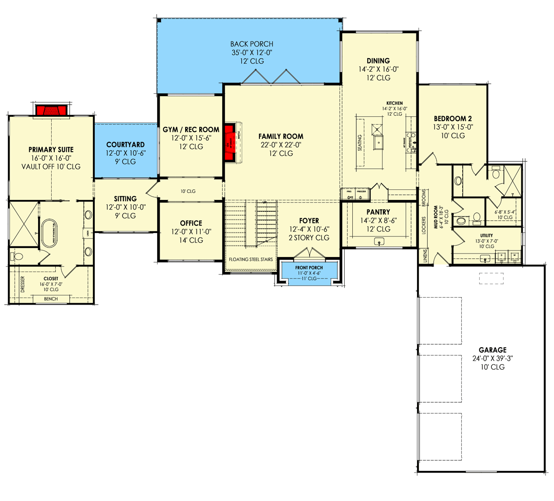 Plan 818063JSS: Transitional Modern Farmhouse Plan with 4 Beds 4 Baths and 4,282 SqFt - Floor Plan - Main Level - Contemporary, Country, Farmhouse, Hill Country, Modern Farmhouse, New American, Rustic, Transitional