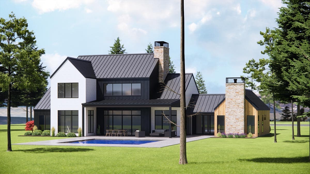 Modern house plan exterior with gables, metal roof, stone chimney, and large windows surrounding a pool.