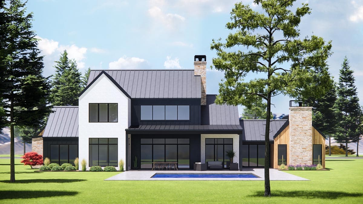 Modern Farmhouse house plan exterior with gables, stone chimney, dark metal roof, and large windows.