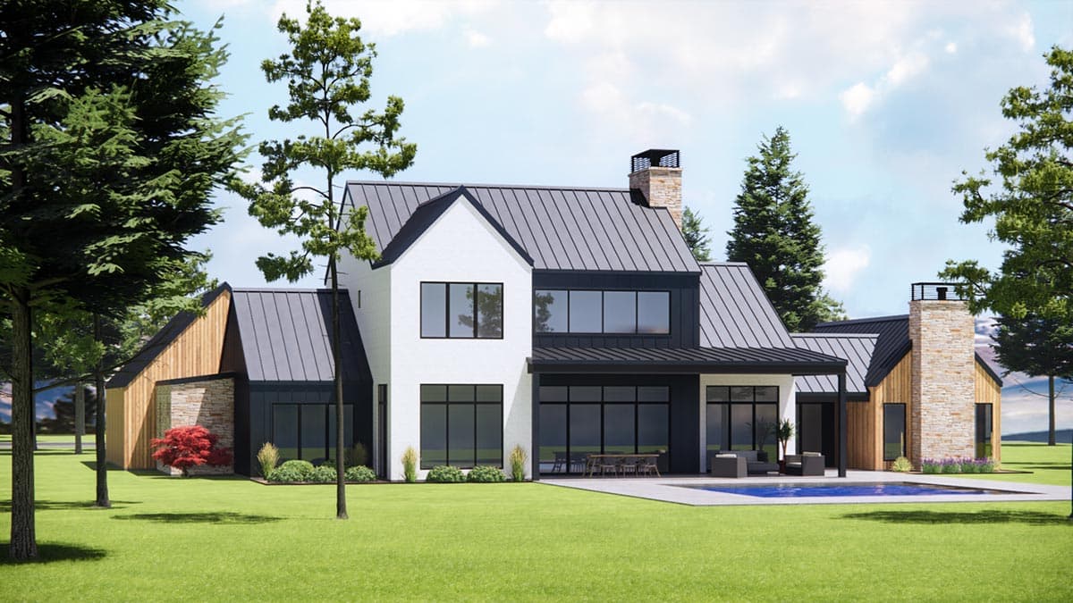 Modern Farmhouse style house plan exterior with metal roofs, stone and wood siding, and multiple gables.