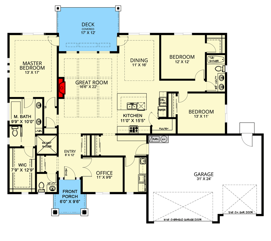 Plan 267029SPK: Contemporary One-Level House Plan with Home Office and a 3-Car Garage - Floor Plan - Main Level - Contemporary, Country, Craftsman, New American, Prairie, Ranch