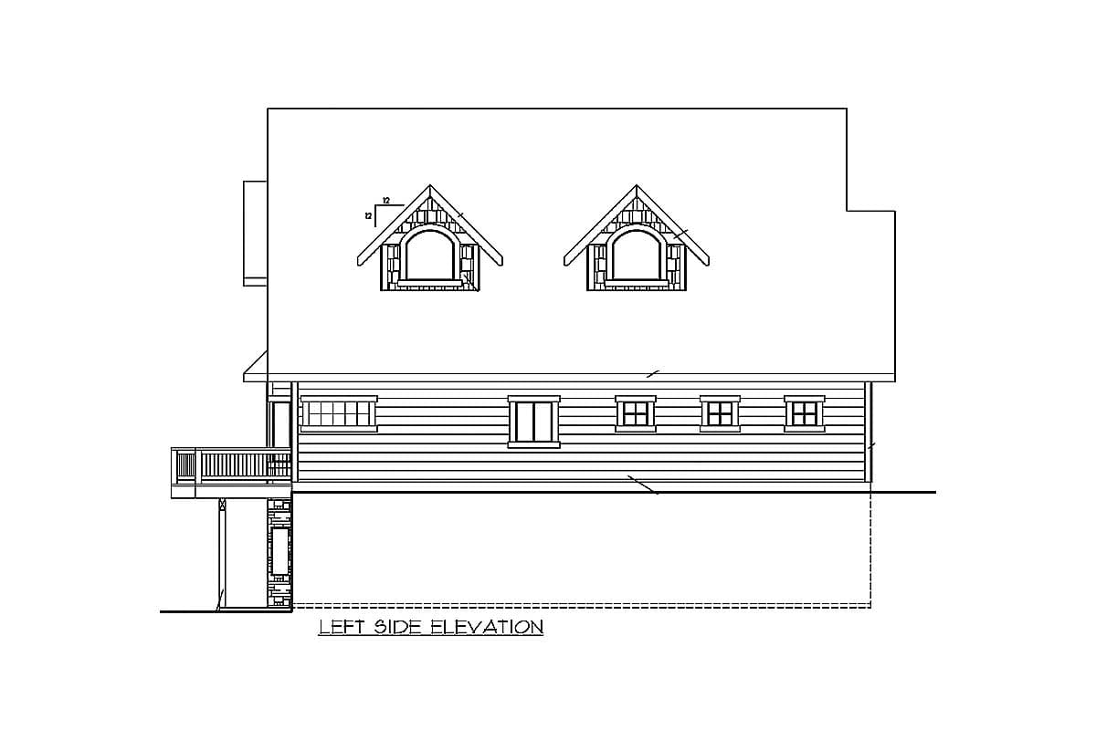 Left side elevation drawing of a house plan showing a deck, multiple windows, and two dormers on a sloped roof.
