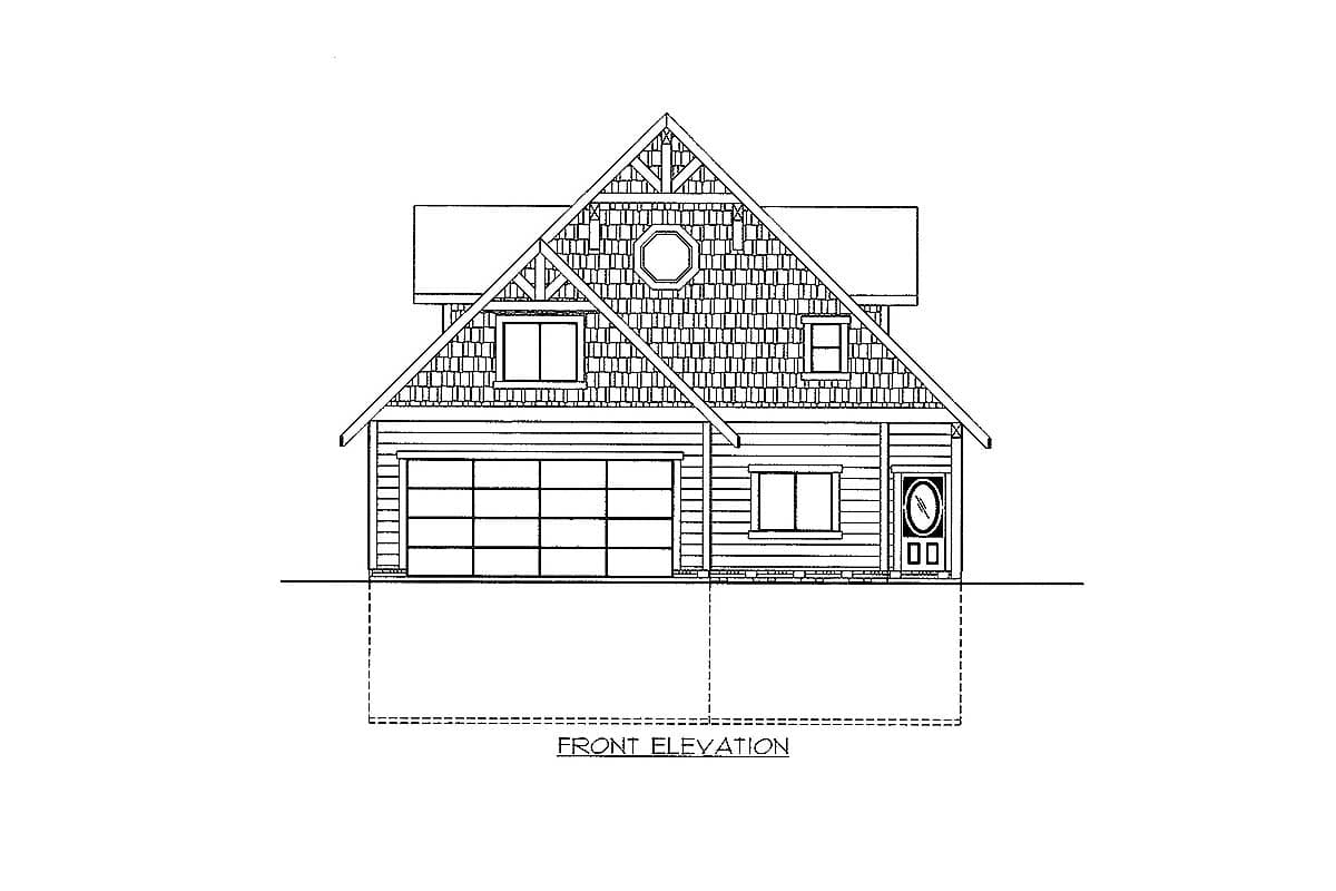 Front elevation of a two-story house plan with a gable roof, prominent shake siding, a two-car garage, and a covered entry.