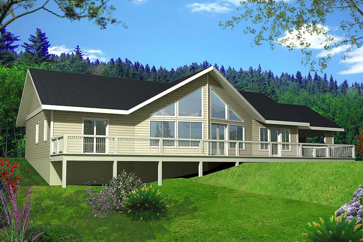 House plan exterior: Modern style, one story, with a large wraparound deck and a wall of windows.
