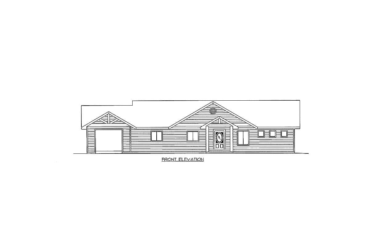 Front elevation drawing of a single-story house plan with a gable roof, attached garage, and covered entry.