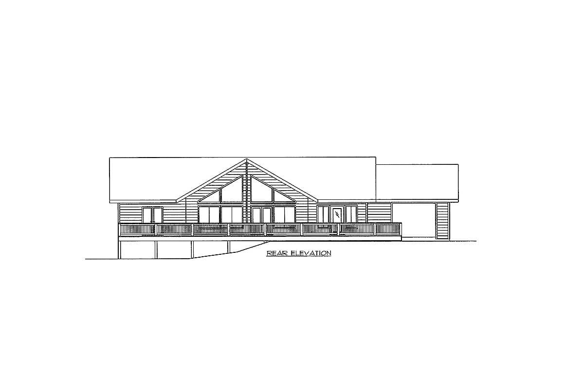 Rear elevation drawing of a one-story house plan with a large gable, deck, and attached garage.