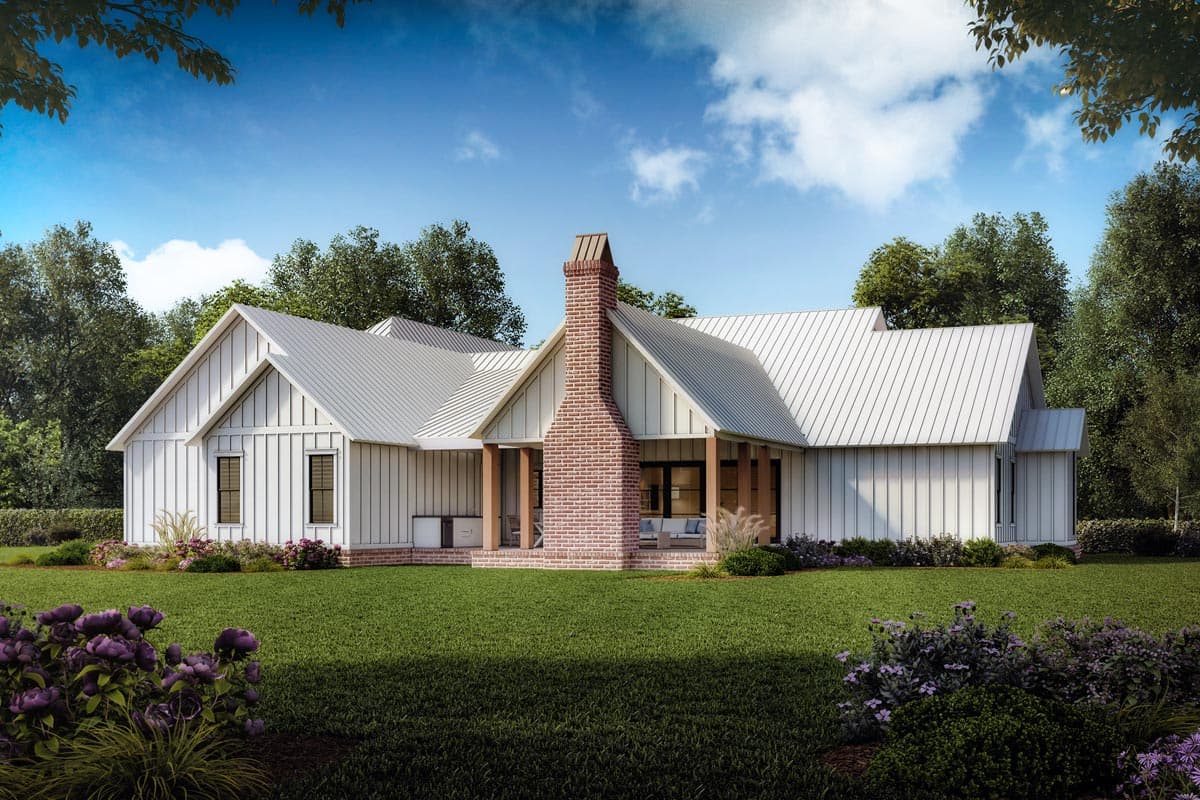 House plan exterior, Modern Farmhouse style, one story, white vertical siding, metal roof, brick chimney, covered porch.