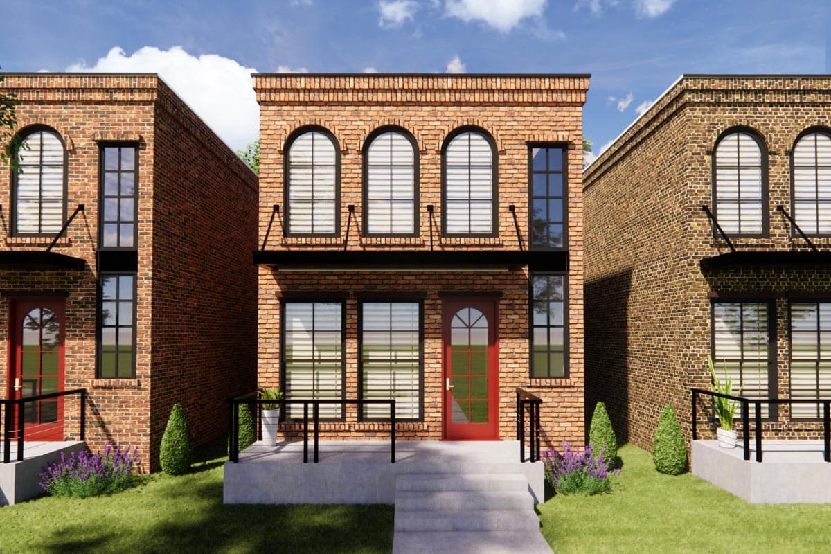 House plan exterior featuring two-story brick townhouses. Arched windows, black awnings, and a small front porch are visible.