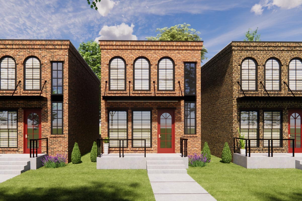 House plan exterior: two-story brick building with arched second-story windows, small balconies, and red doors.