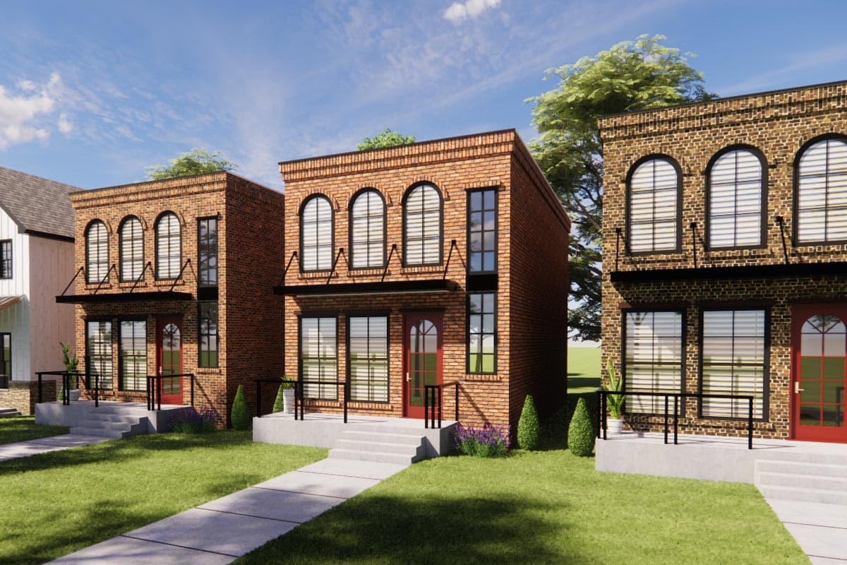House plan exterior of two-story brick homes with arched second-story windows and awnings over ground-floor windows.