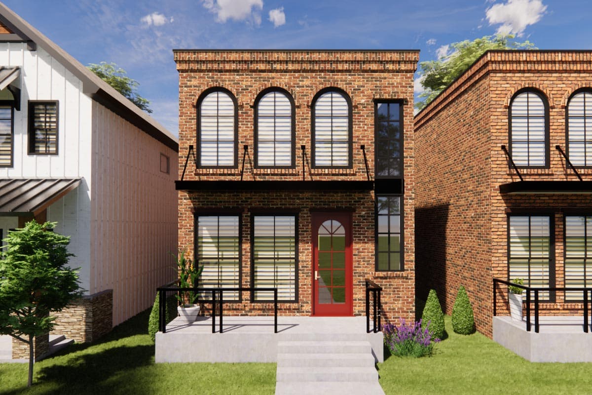 House plan exterior. Two-story brick building with arched windows on the second floor, metal awnings, and a red front door.