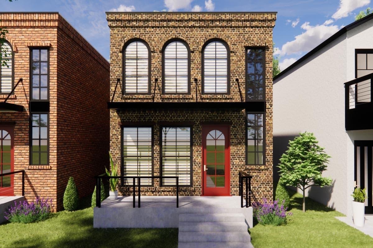 House plan exterior: Two-story brick building with arched windows, rectangular windows, and a red-paneled front door.