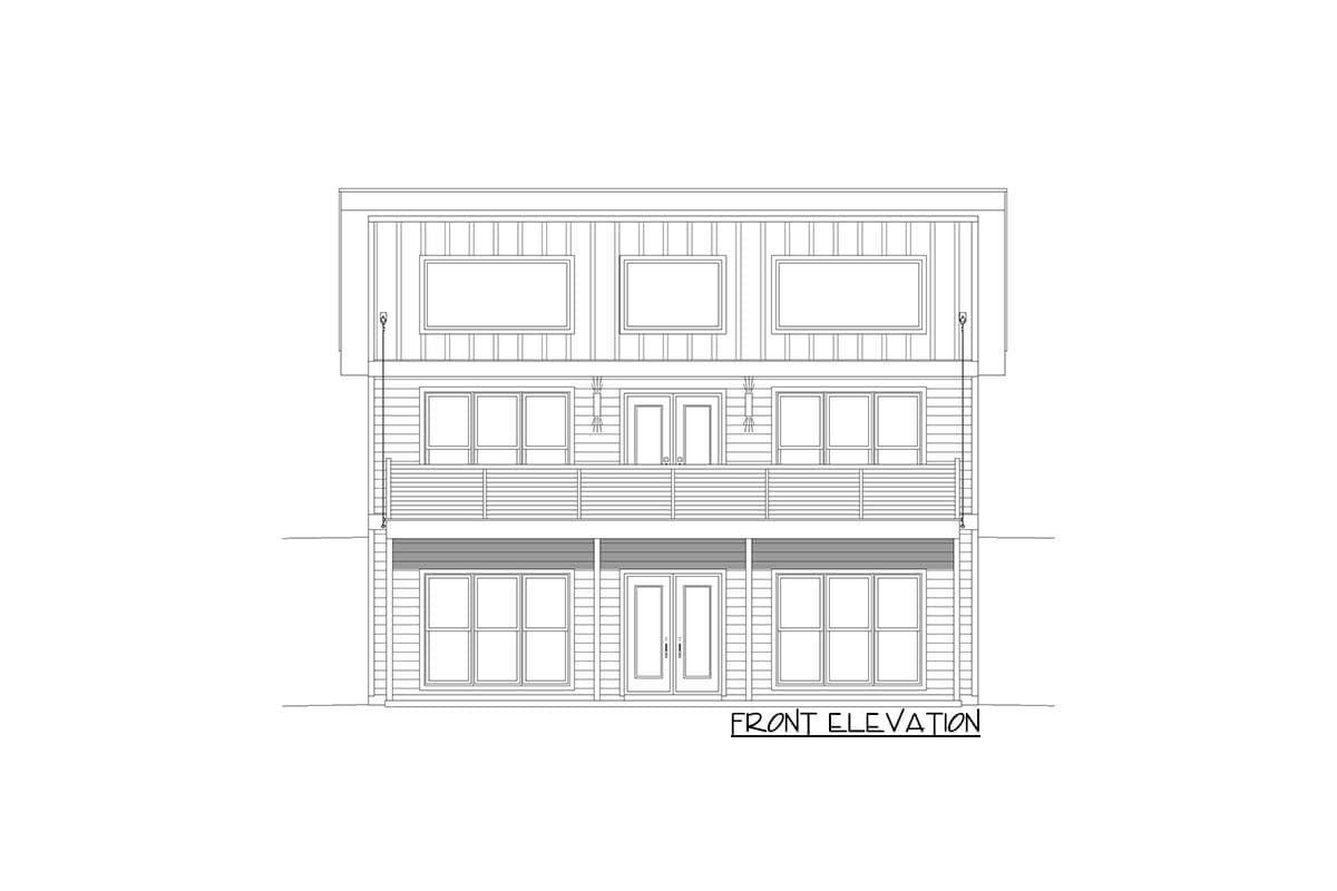Front elevation drawing of a three-story house with horizontal siding, balconies, and multiple windows.