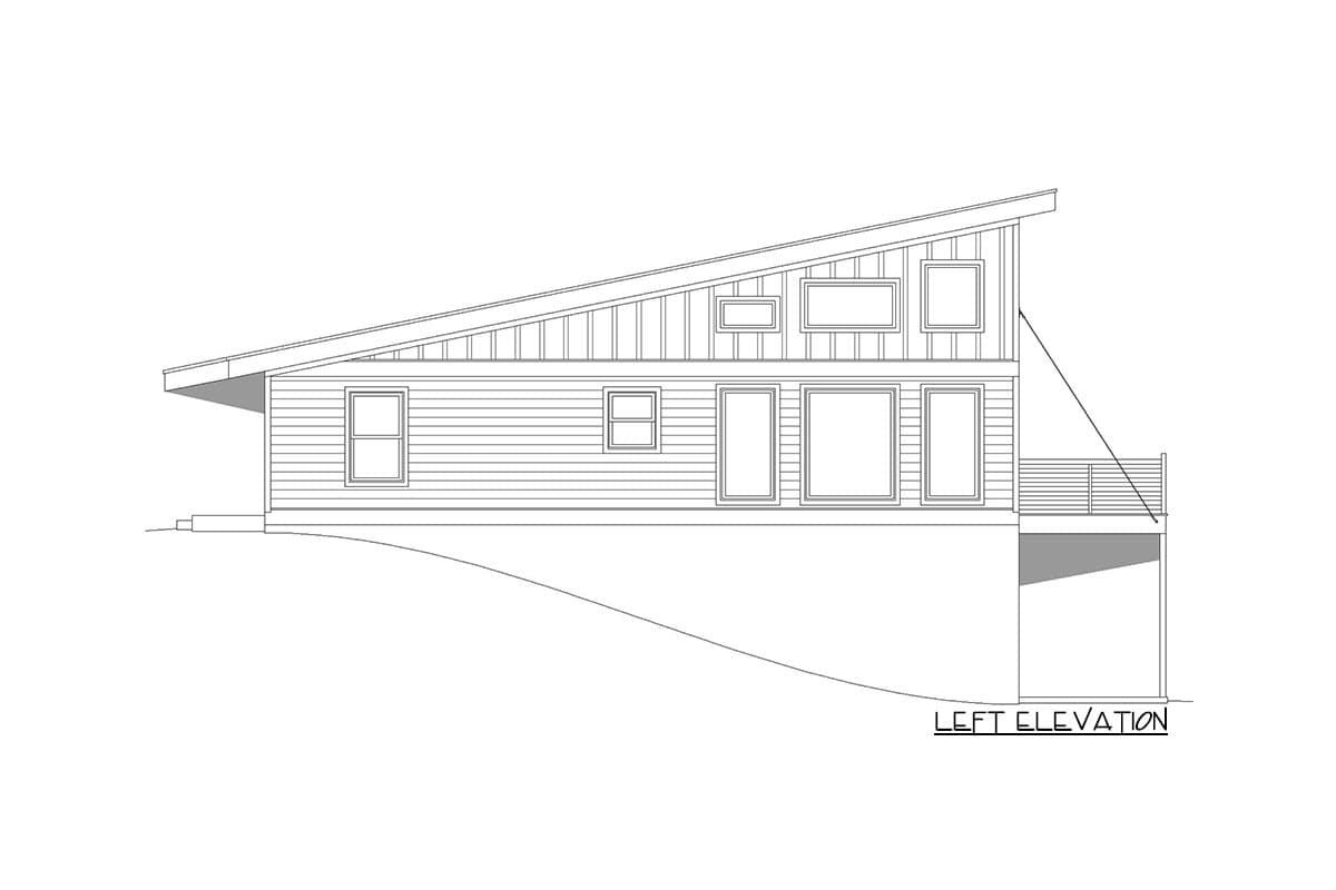 Left elevation drawing of a house with a prominent asymmetrical roofline, horizontal siding, and varied window sizes.