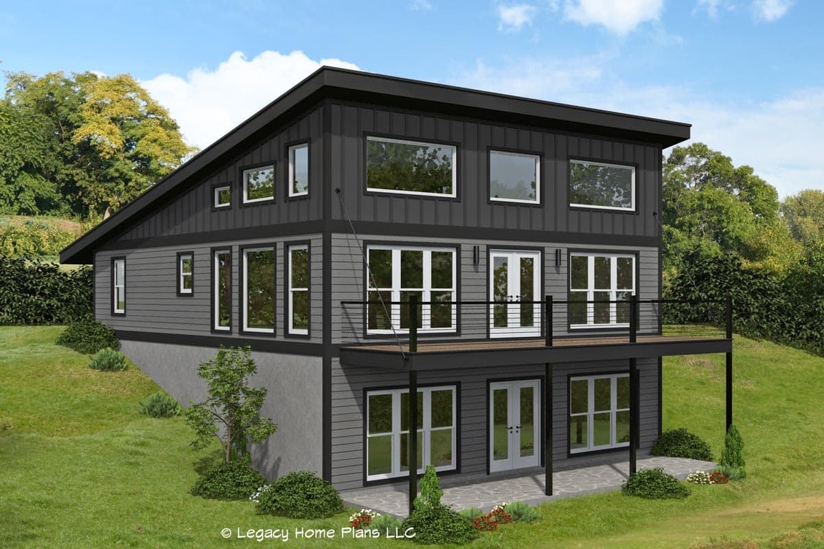 House plan exterior rendering. Modern style, two-story home with flat roof, horizontal siding, and a balcony with black railing.