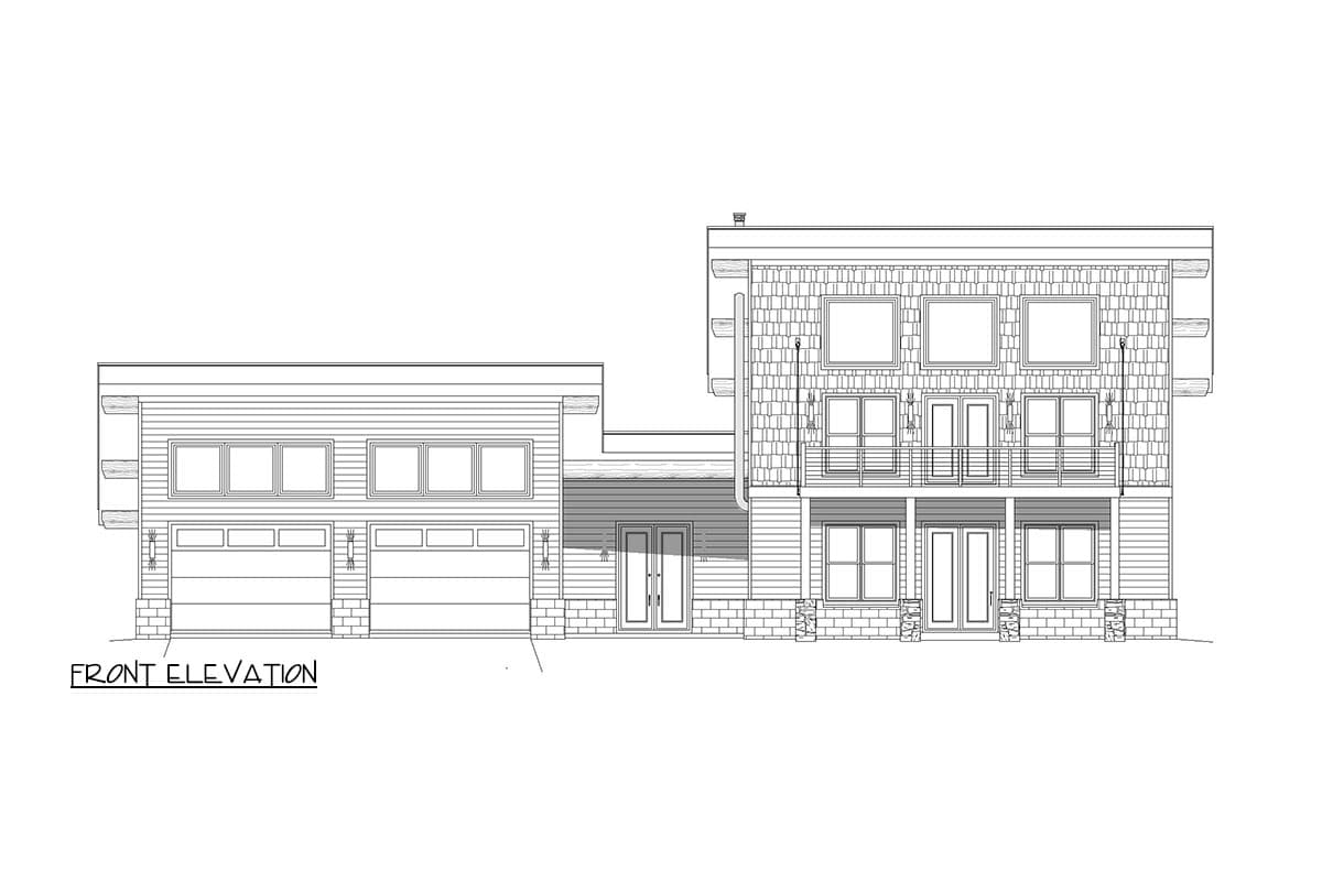 Front elevation drawing of a two-story house with a three-car garage, balconies, and varied siding.