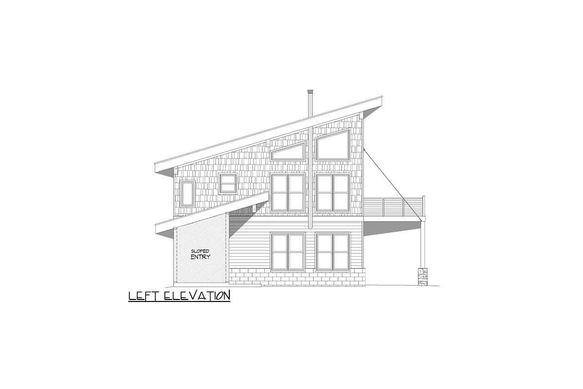 Left elevation of a two-story house plan with a prominent asymmetrical roof, multiple window types, shingle siding, and a sloped entry.