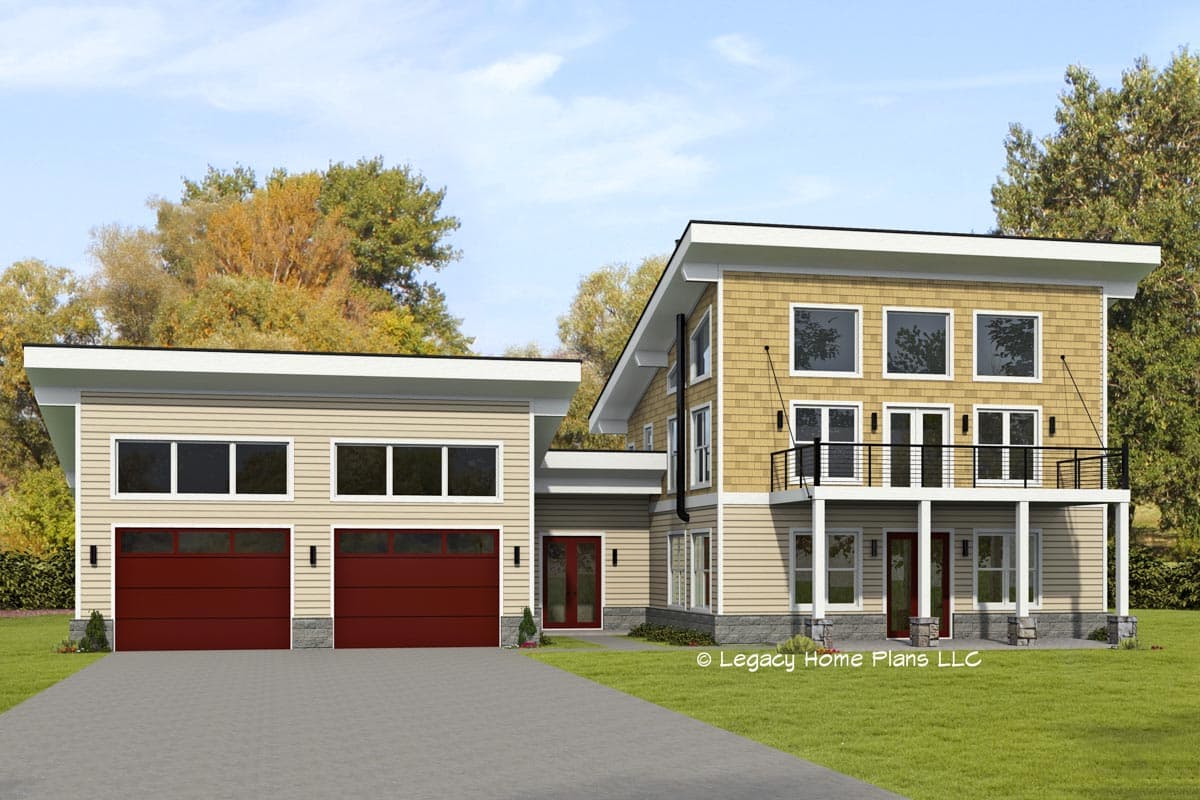 House plan exterior with modern design. Two-story with shed roof. Features include a detached garage, balcony, and mixed siding materials.