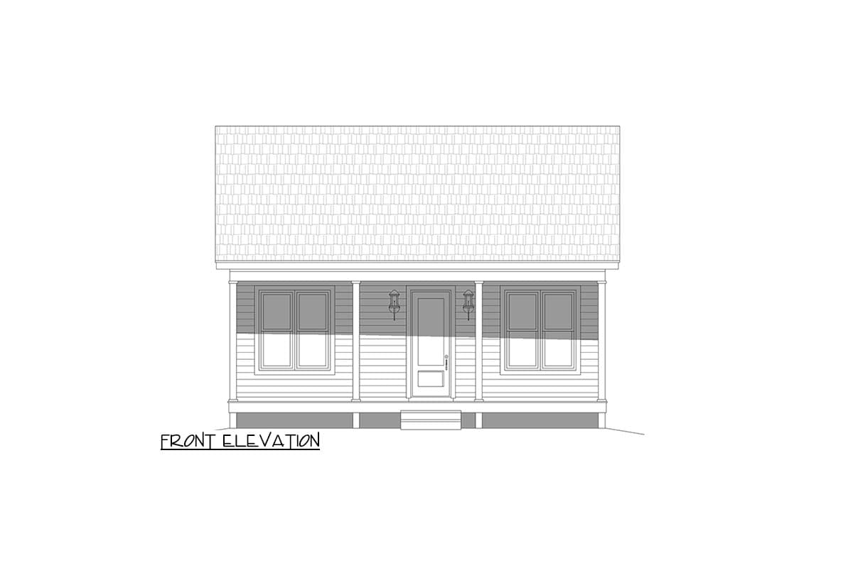 Front elevation drawing of a house with a covered porch, double-hung windows, and a central door.