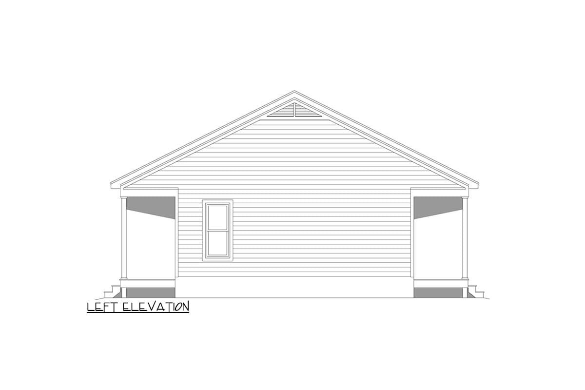 Left elevation drawing of a one-story house plan with gable roof, two porches, and a central window.