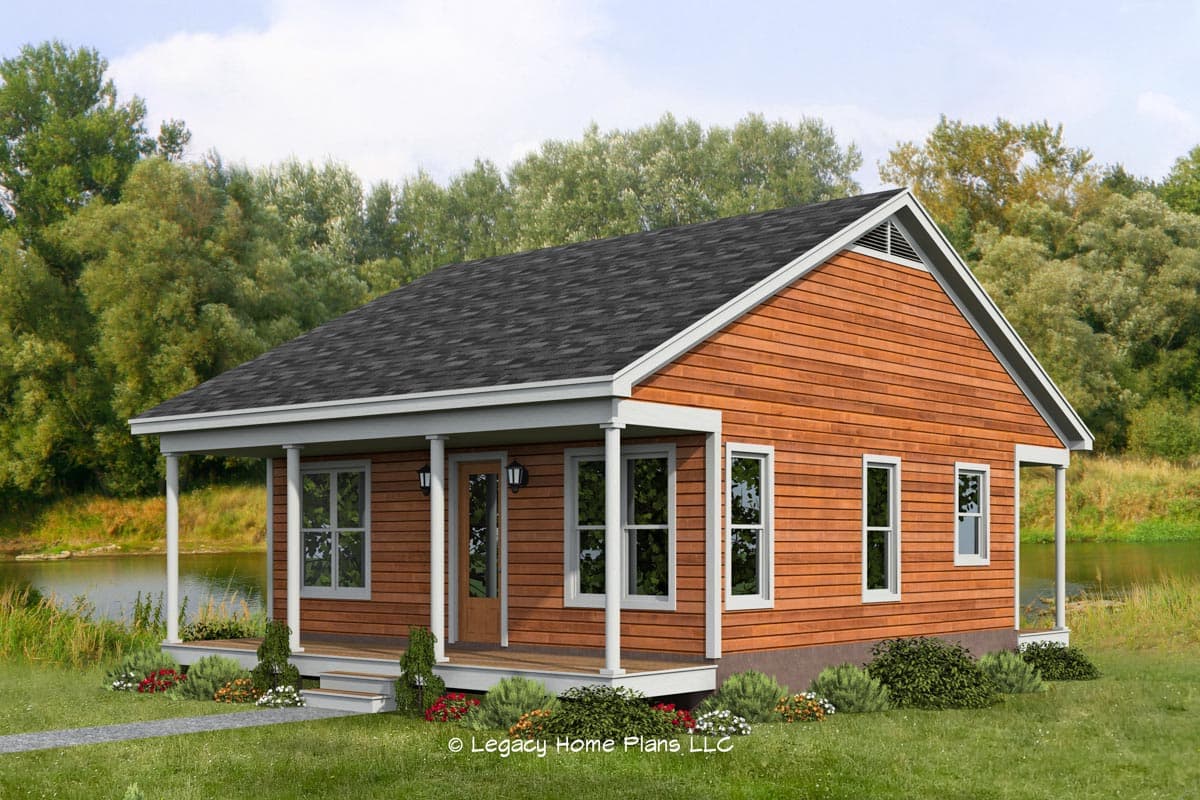 House plan exterior with wood siding. Features include a front porch, gabled roof, and multiple windows. One story home.