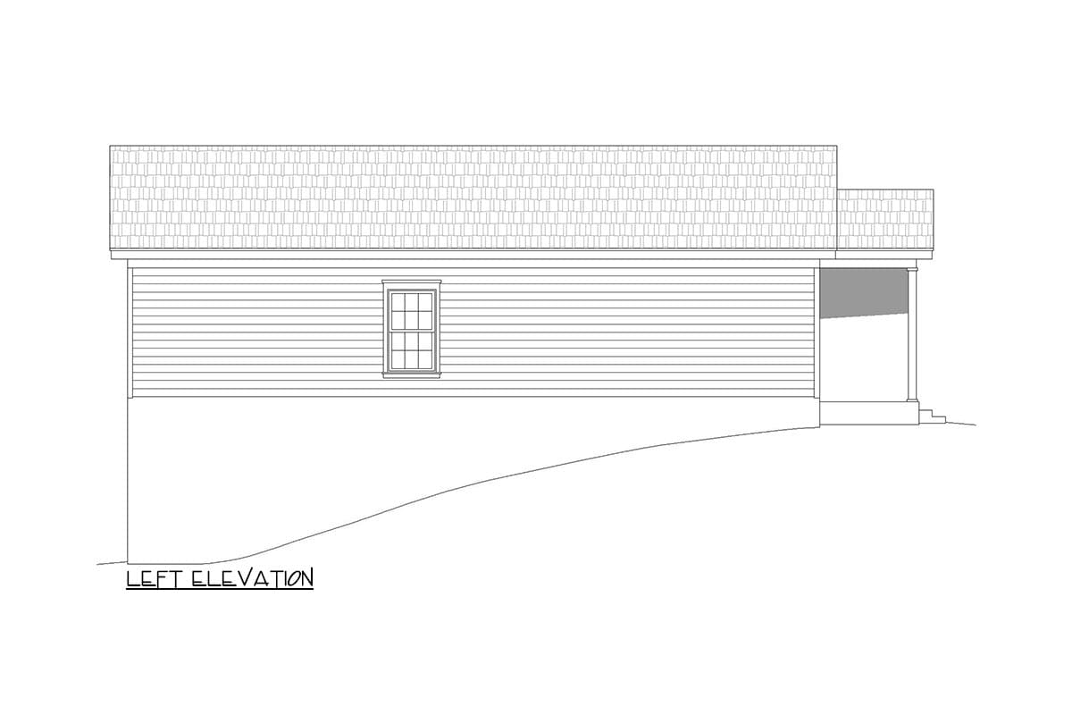 Left elevation house plan showing horizontal siding, a single window, and a covered porch with steps.