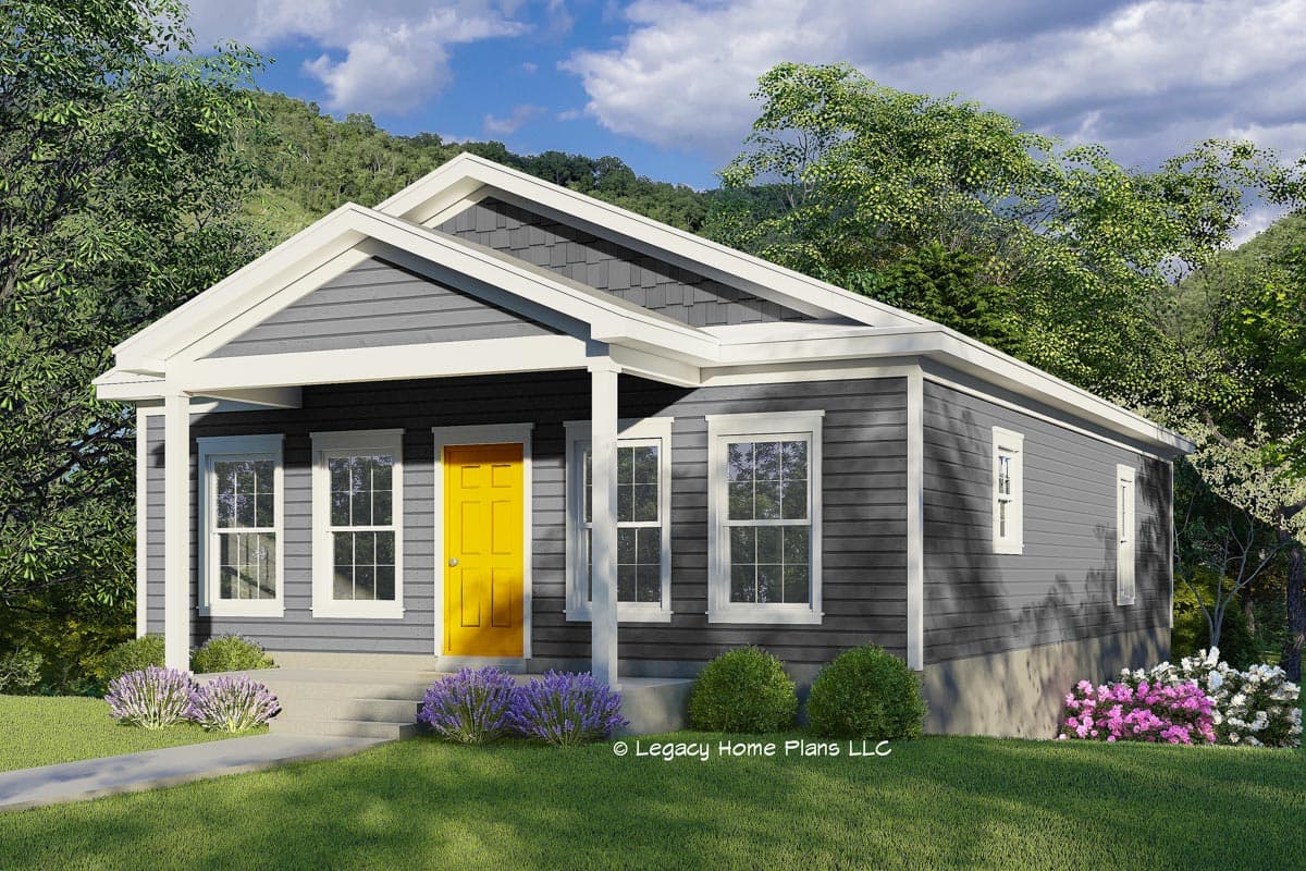 House plan exterior rendering. One-story with a gabled roof, front porch with columns, and horizontal siding. Features a bright yellow door.