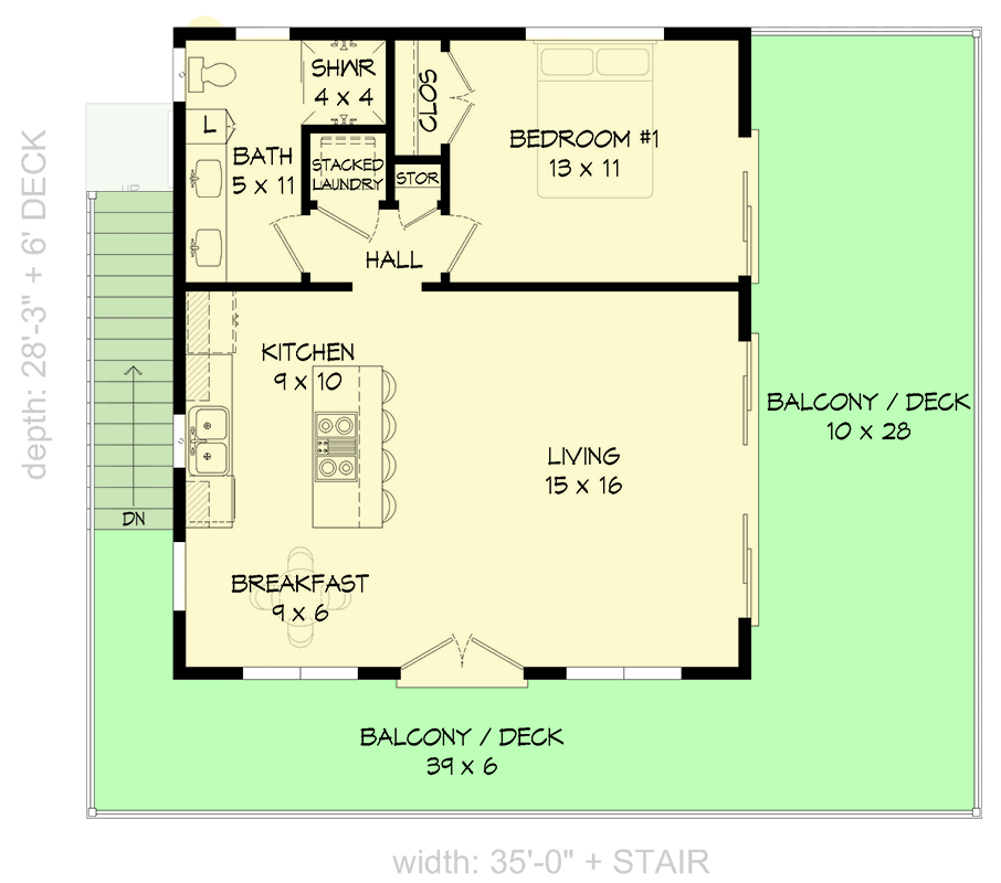 Plan 680154VR: 706 Square Foot Modern ADU with Wraparound Deck - Floor Plan - 2nd Floor - Contemporary, Mid Century Modern, Modern