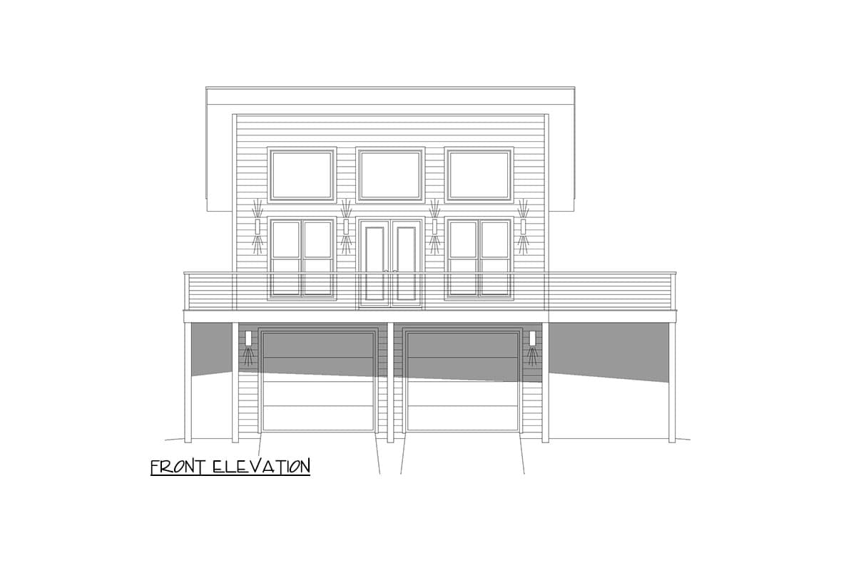 Front elevation drawing of a two-story house plan with horizontal siding, a balcony, and two attached garage doors.