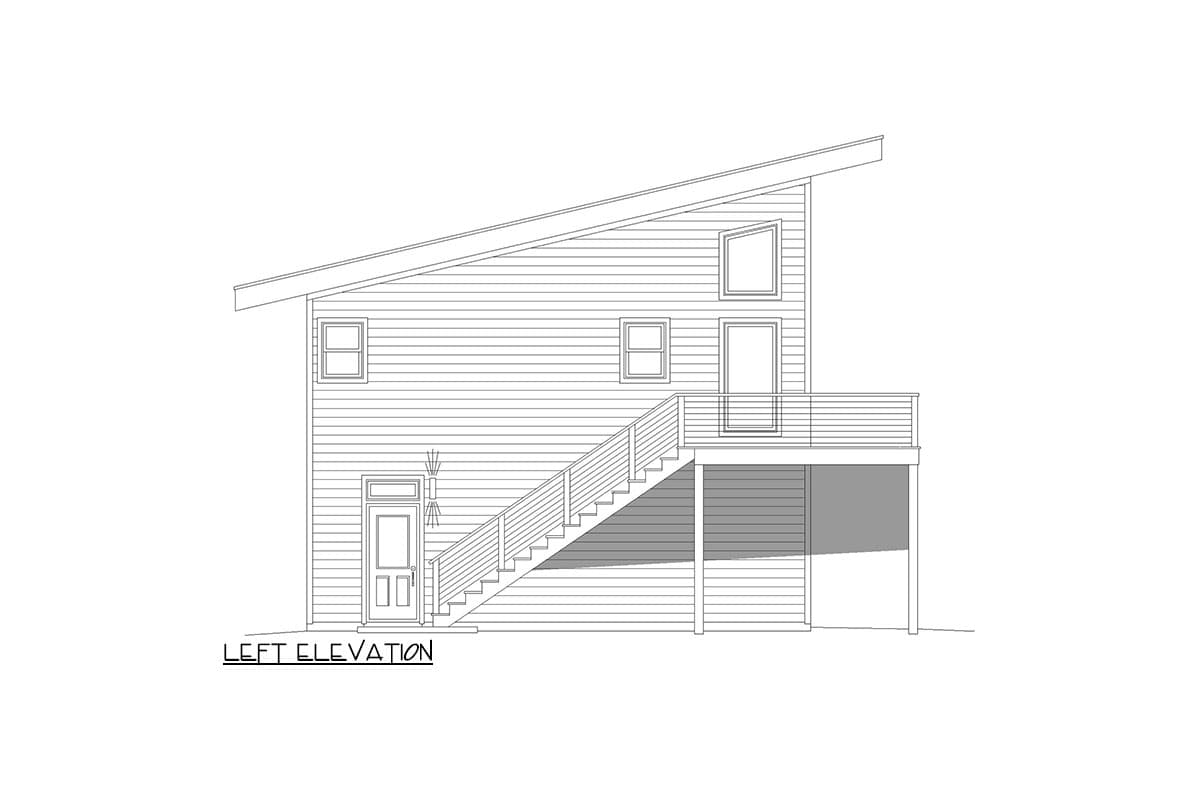 Left elevation drawing of a house with a sloped roof, multiple windows, entry door, and exterior stairs leading to a deck.