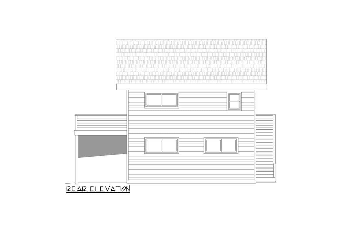 Rear elevation drawing of a two-story house plan with horizontal siding, multiple windows, and a deck.