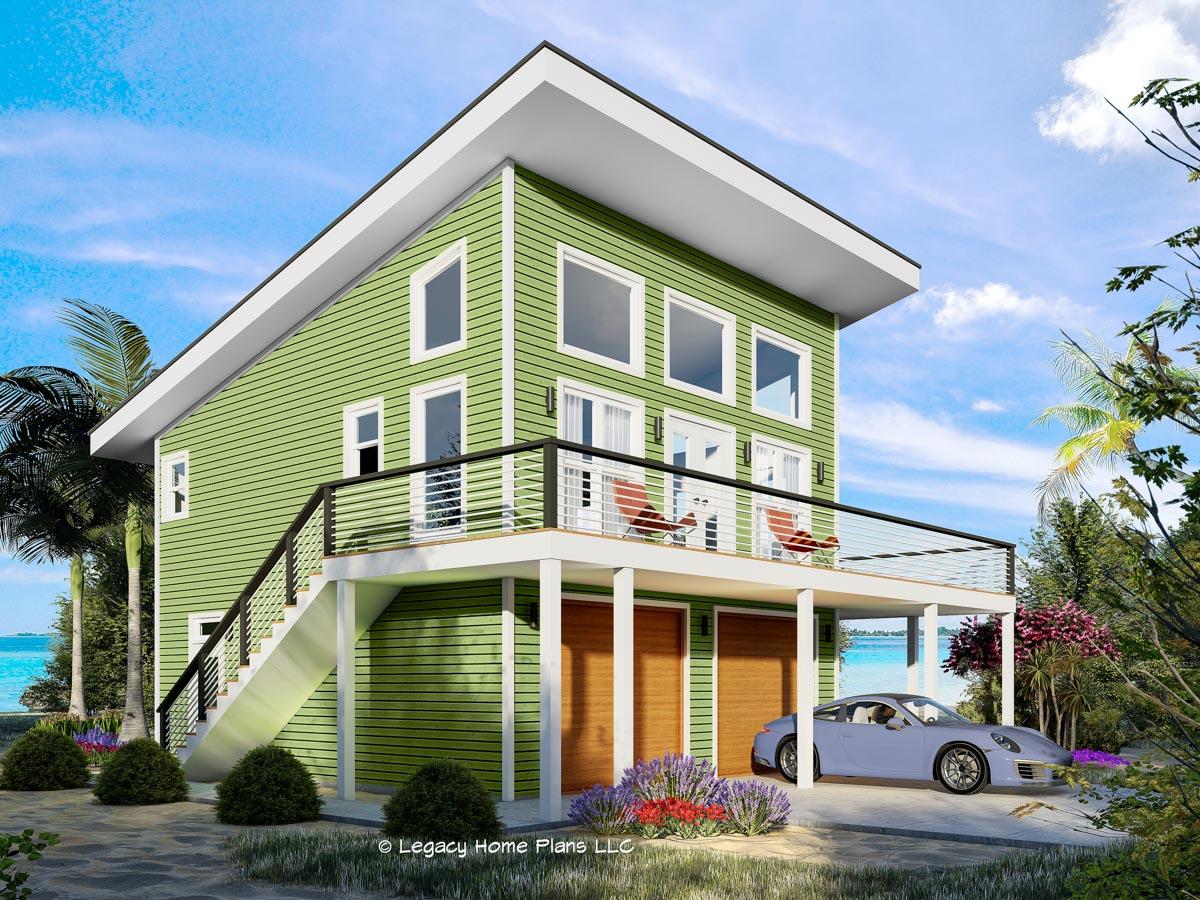 House plan exterior with two stories, a modern style, and a balcony. Features include a side-entry garage and a shed roofline.