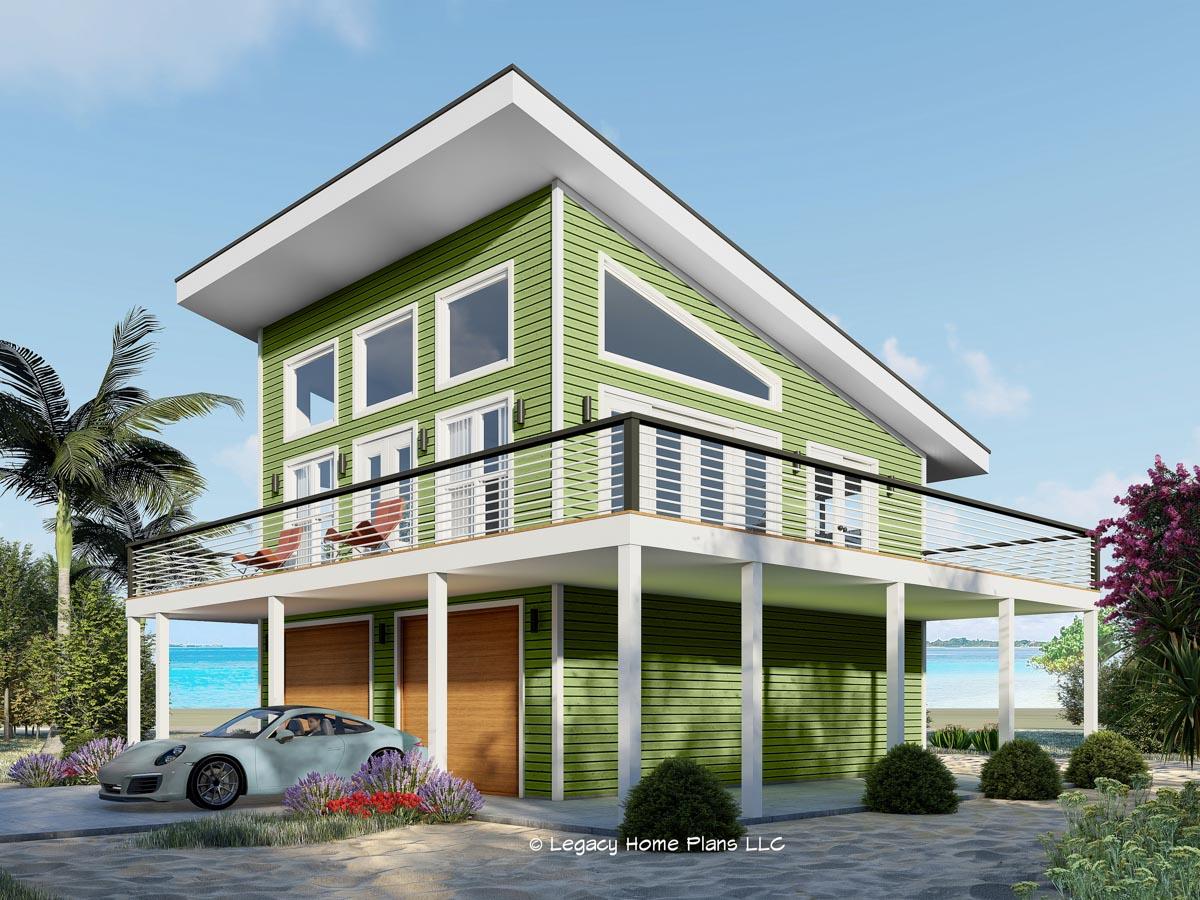 House plan exterior: two-story modern design with a cantilevered deck, large windows, and a steeply pitched roof.