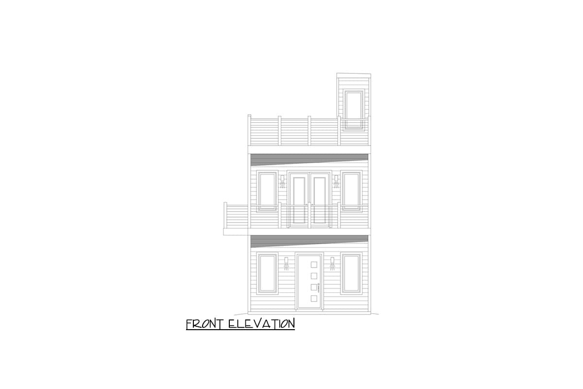 Front elevation drawing of a three-story house plan with a balcony, multiple windows, and a rooftop deck.