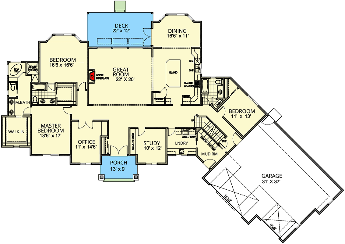 Plan 267030SPK: 3285 Square Foot Contemporary Ranch House Plan with 3-Car Angled Garage - Floor Plan - Main Level - Contemporary, Ranch