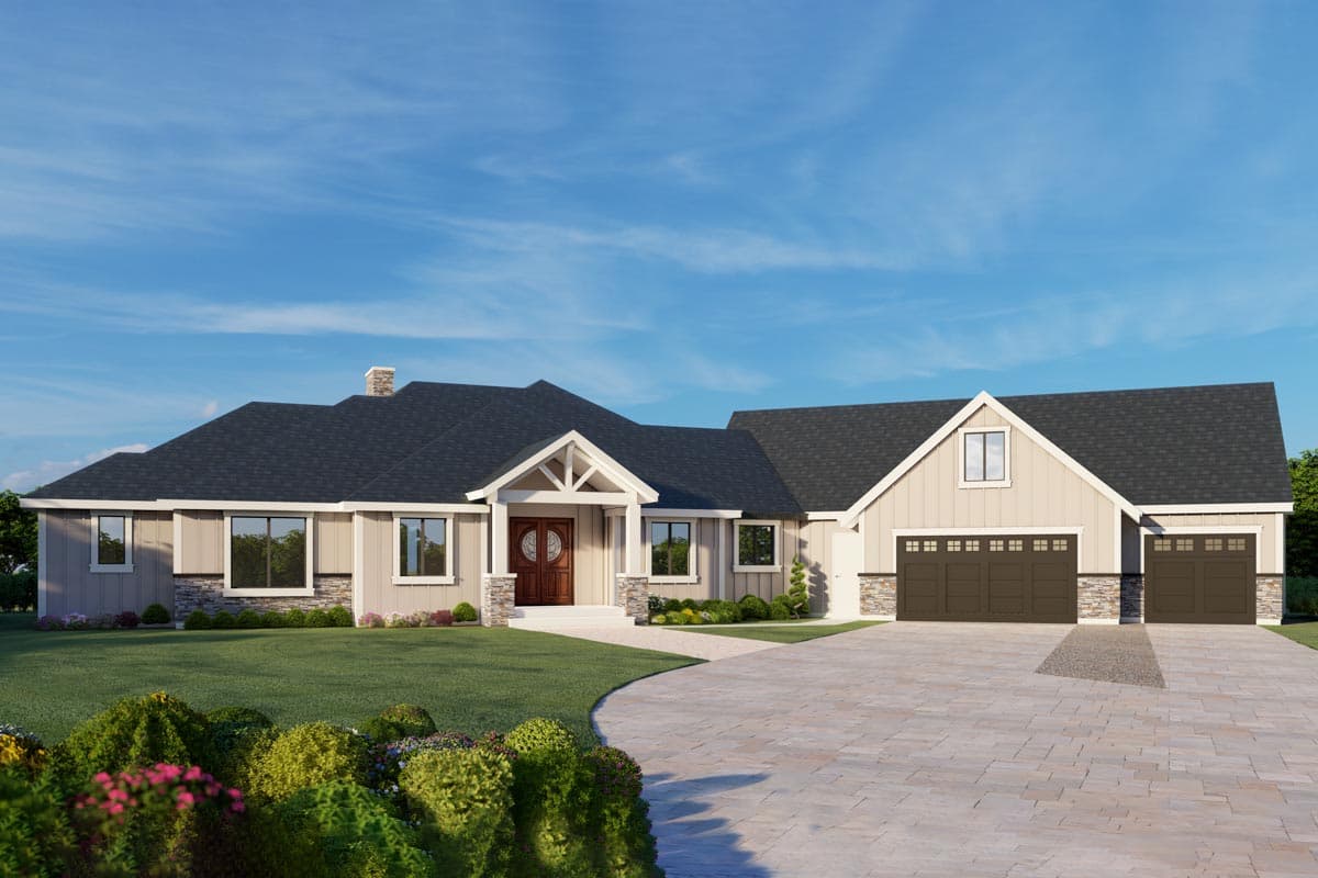 House plan exterior. Ranch style with gabled roof, two-car garage, and front entry with decorative truss.