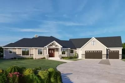 3285 Square Foot Contemporary Ranch House Plan with 3-Car Angled Garage