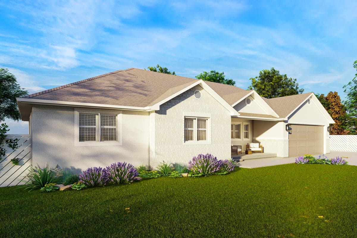 House plan exterior: Single-story Modern Farmhouse with gabled roof, front-facing garage, and covered entry porch.