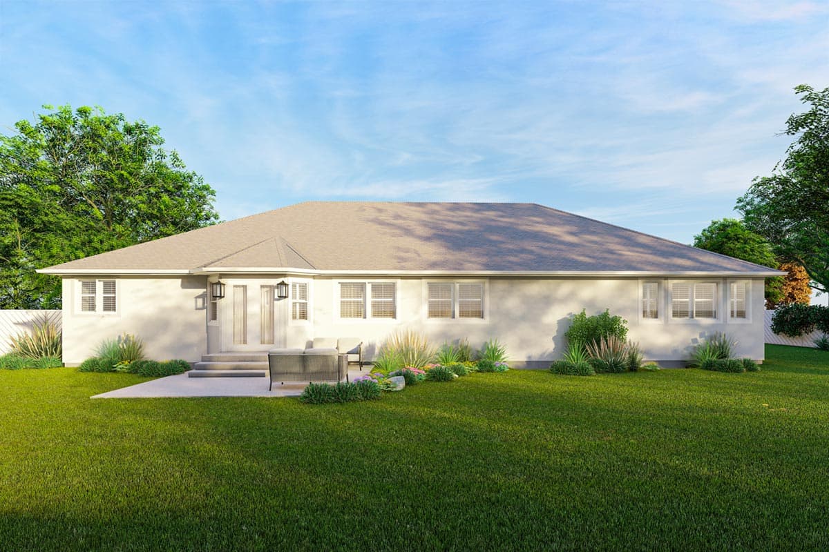 House plan exterior of a single-story dwelling with a hip roof, multiple windows, and a rear patio.