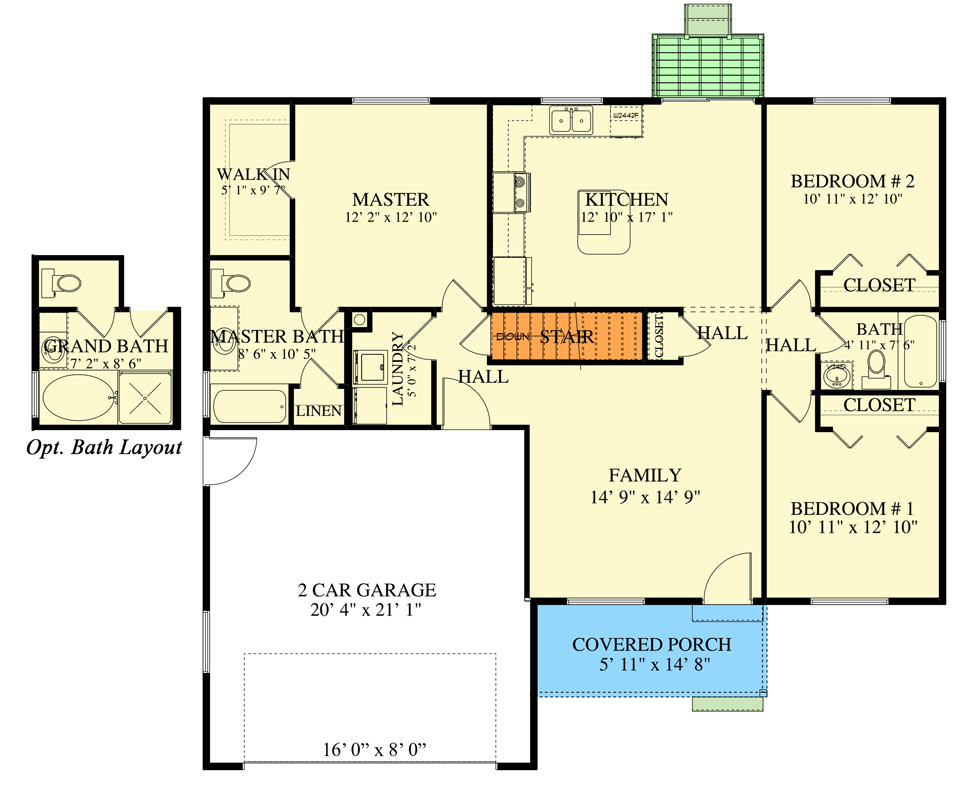 Plan 61446UT: 1280 Square Foot Starter Home with Lower Level Expansion - Floor Plan - Main Level - Country, New American, Ranch, Traditional