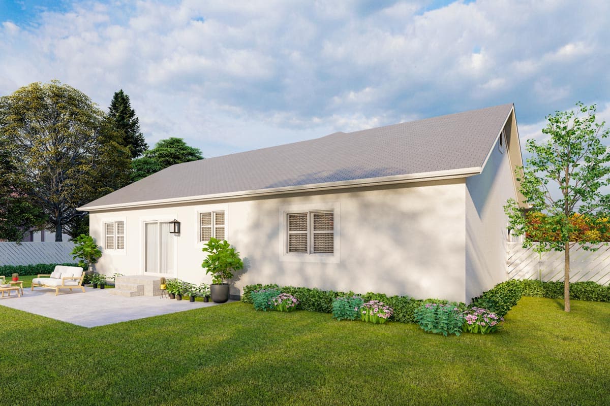 House plan exterior: Single-story residence with a simple gable roof, white stucco walls, and a patio area.