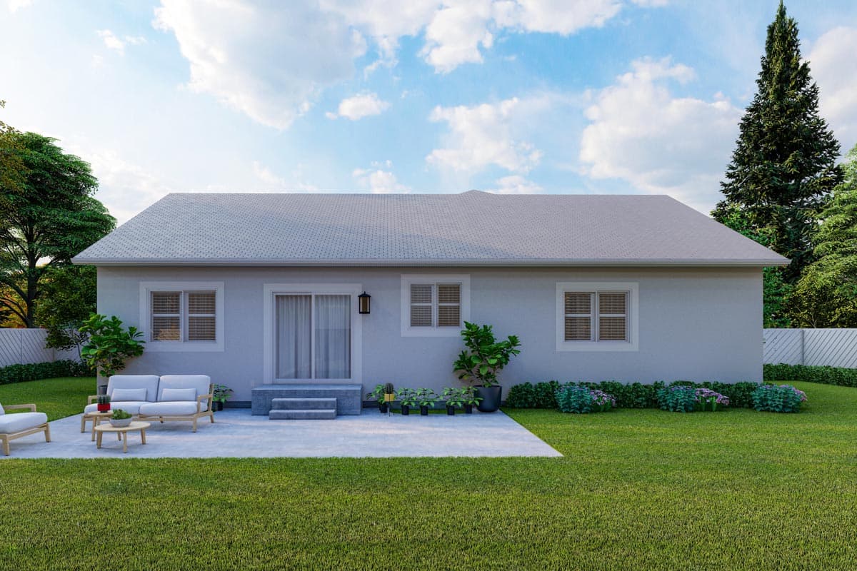 Ranch house plan exterior: single story, hipped roof, with sliding glass doors and four windows.