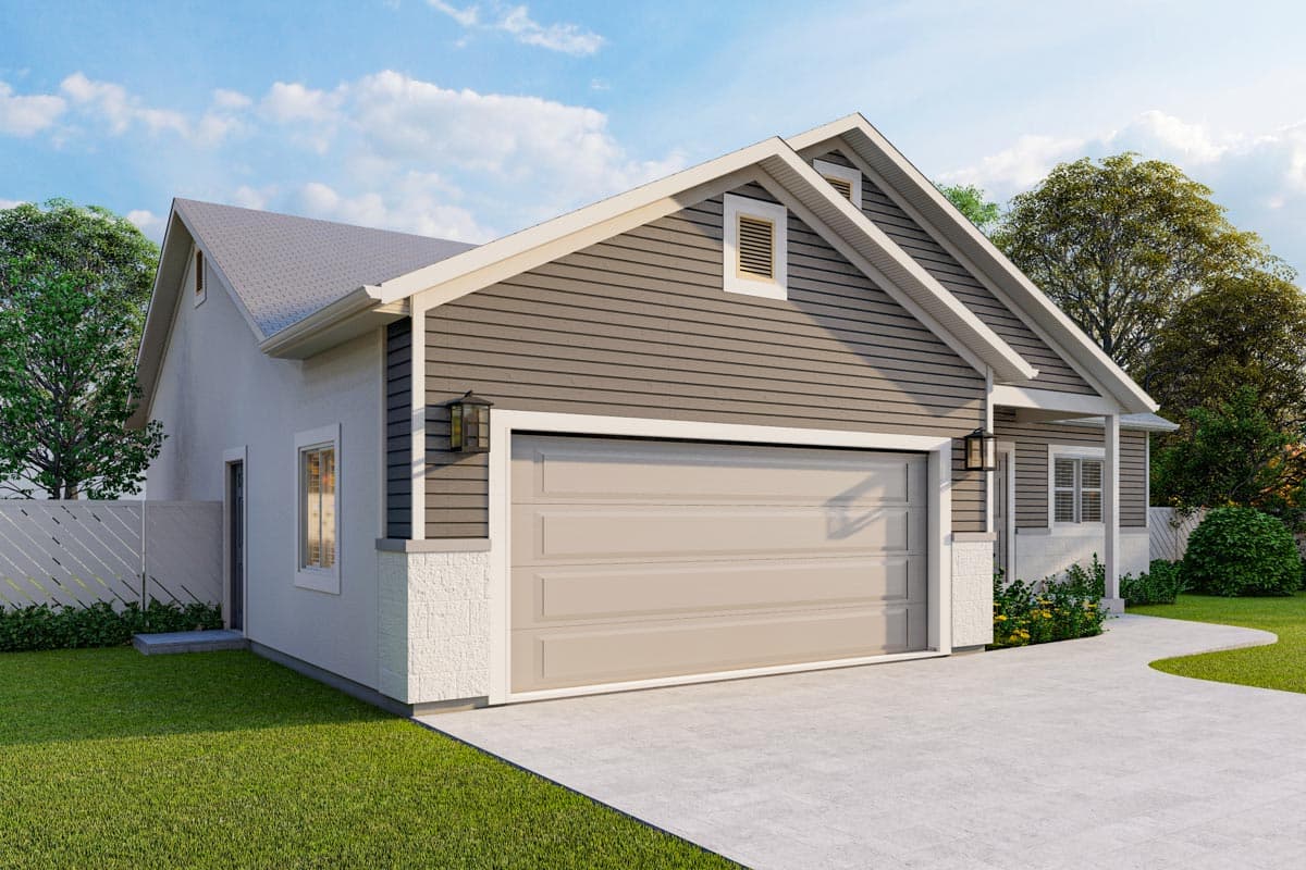 House plan exterior. Single-story Modern Farmhouse with horizontal siding, gables, dormers, and a two-car garage.