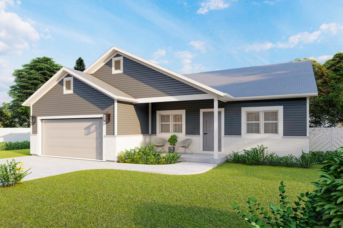 One-story house plan exterior with attached garage, gabled dormers, front porch, and horizontal siding over stone base.