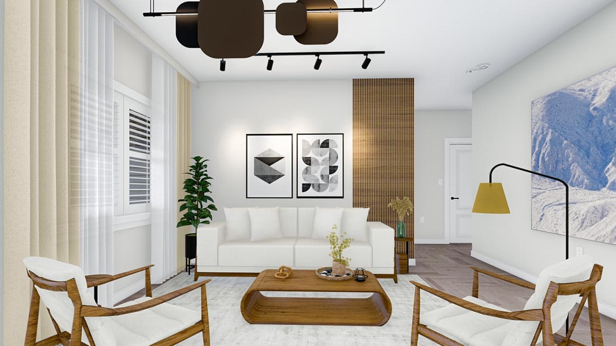 Modern living room with white sofa, wooden coffee table, slatted wood accent wall, and abstract art.