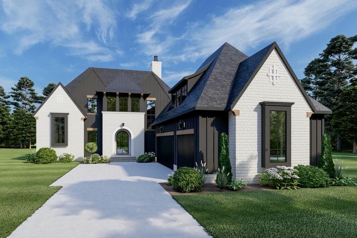 Modern Farmhouse house plan exterior with white brick, black accents, gables, dormers, and a two-car garage.